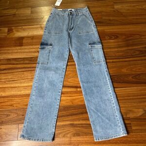LA Girl Womens Size 7 Blue Denim‎ Cargo Wide Leg Jeans NWT